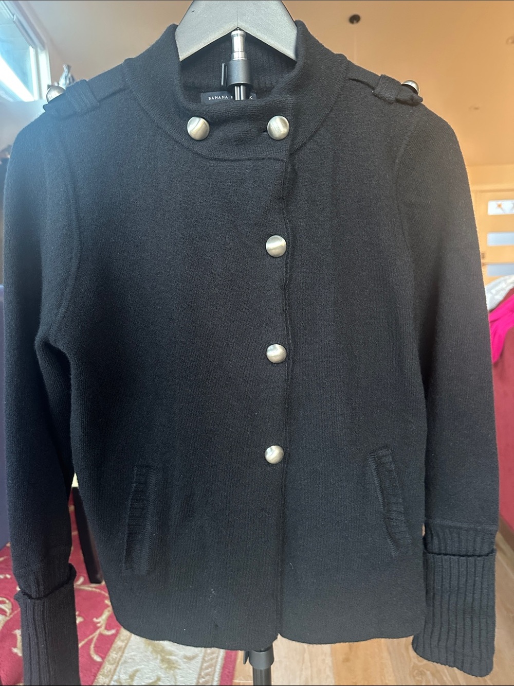 Banana Republic Black Military-Style Wool Pea Coat with Silver Buttons